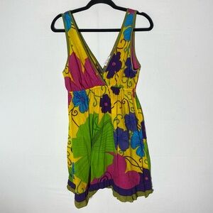 Vintage Funky People Vibrant Floral Cotton Sleeveless Mini Dress XL Whimsigoth